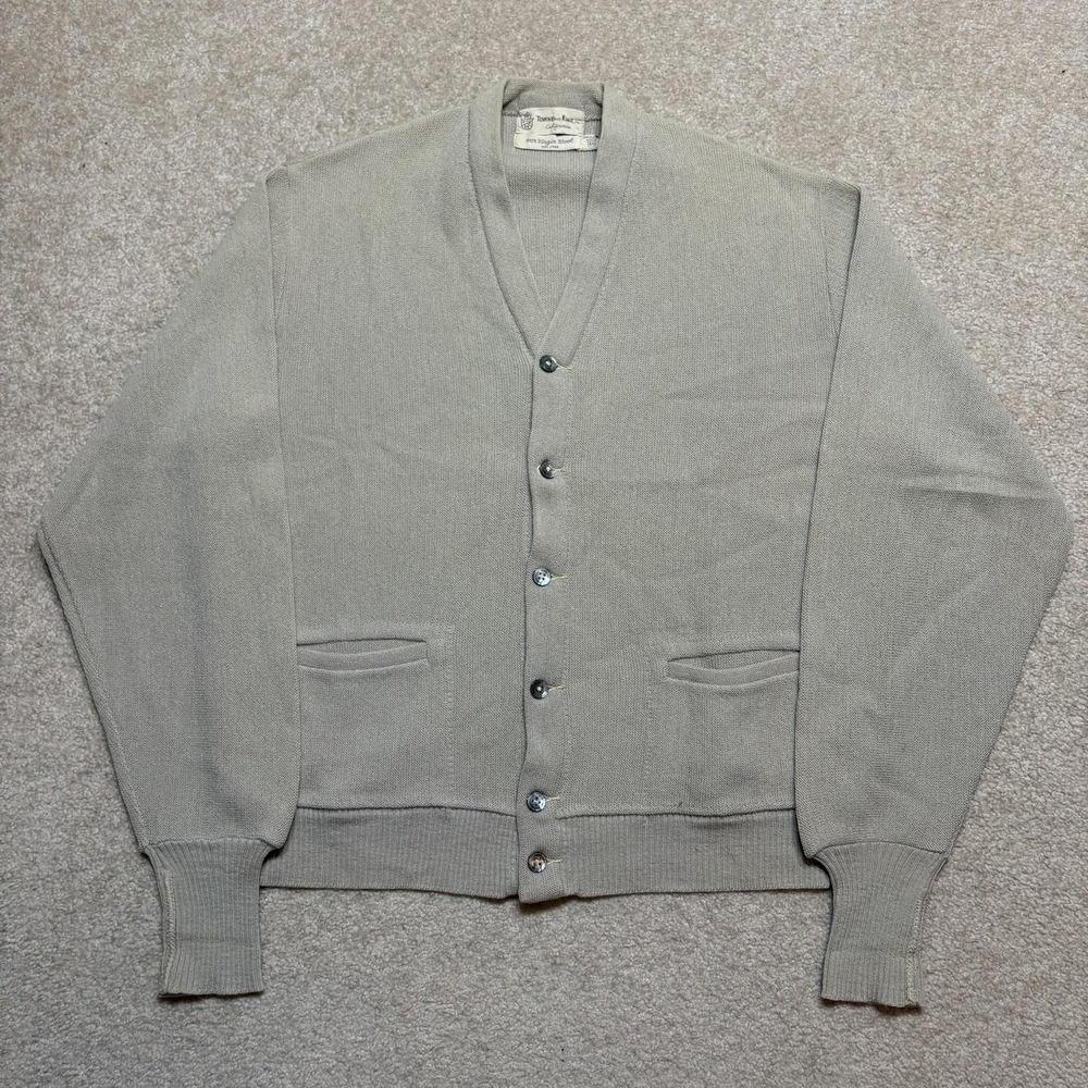 Vtg 60s Towne And King Cardigan Sweater Mens XL Beige Wool V Neck Knit 1960s